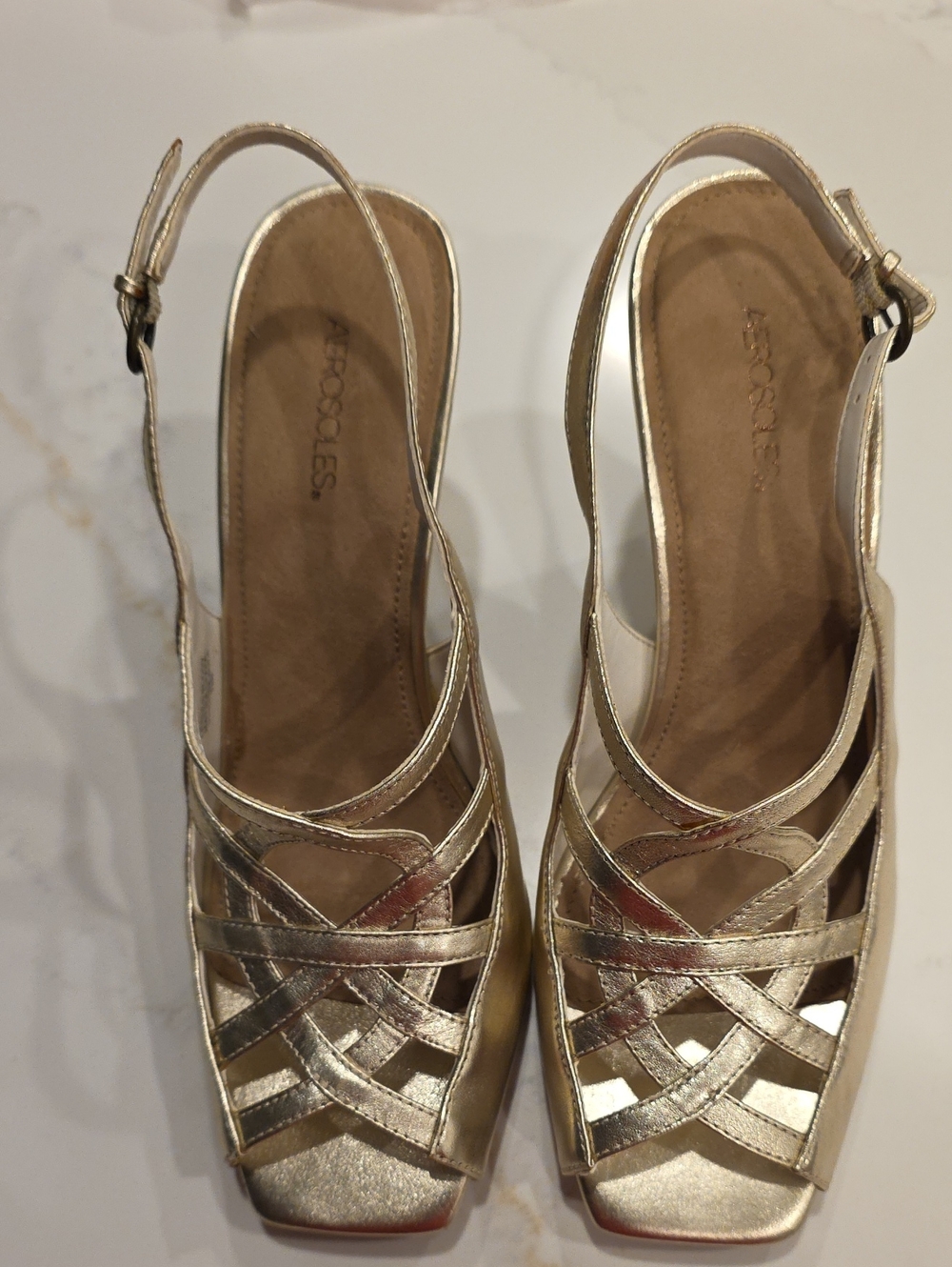 AEROSOLES Leather Metallic Pewterish / Gold Slingback Heels.  Size 7 1/2 Medium.